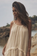 Bina - Boho beżowa sukienka maxi