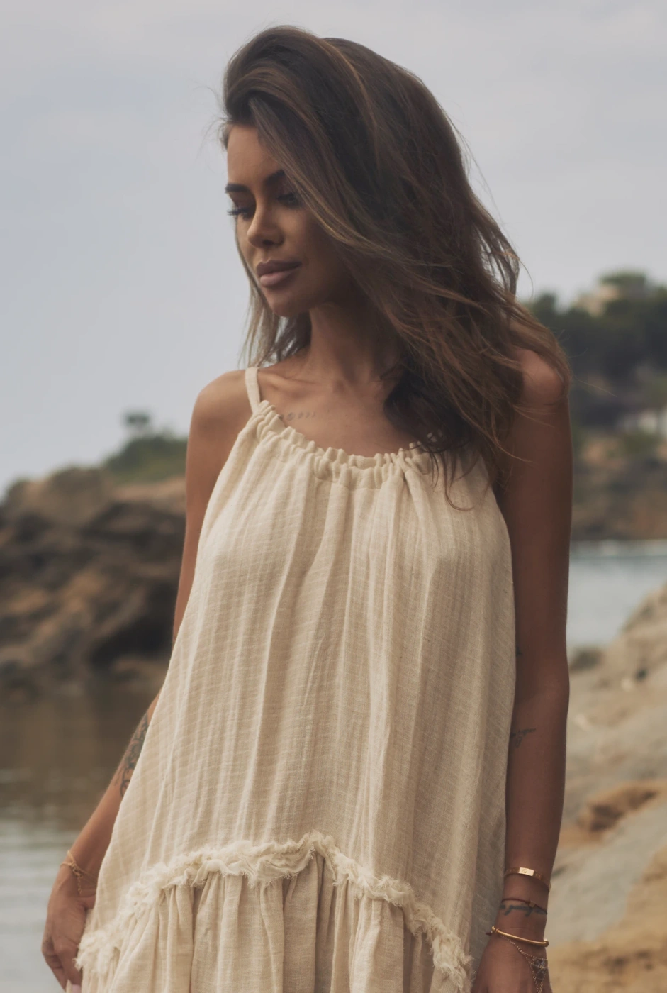 Bina - Boho beżowa sukienka maxi