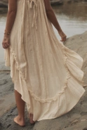 Bina - Boho beżowa sukienka maxi