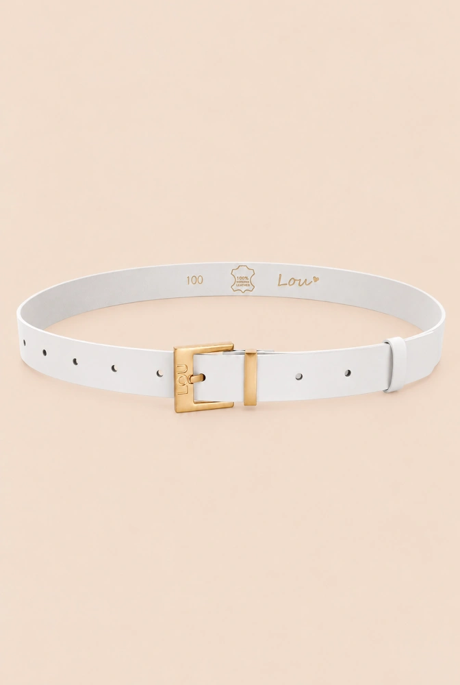 Pasek Charo - Elegancki biały pasek skórzany z złotą klamrą i logo Lou