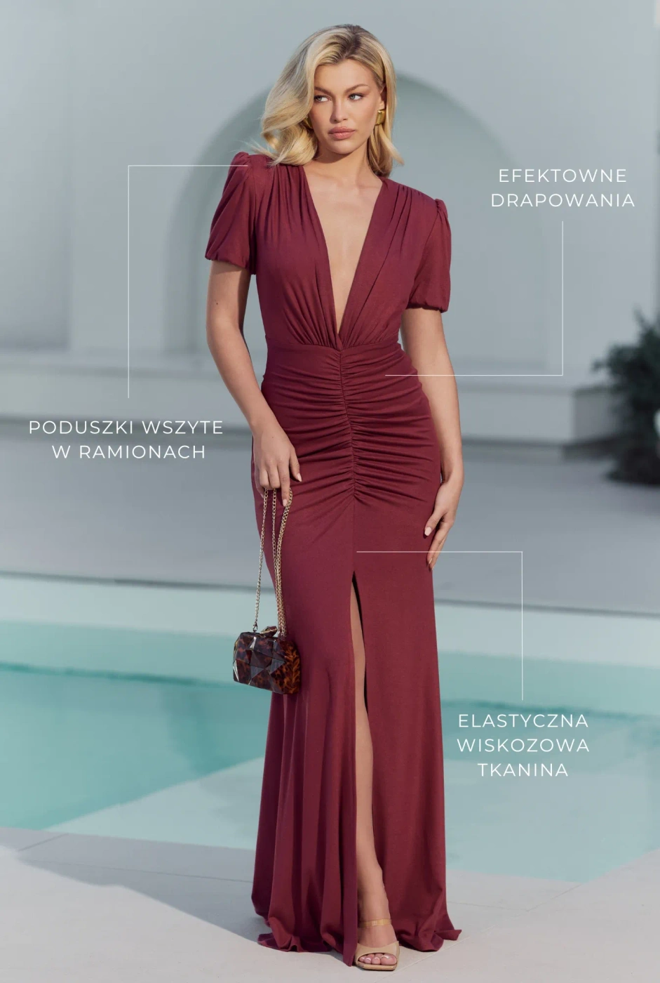 Paola - brązowa sukienka maxi z drapowanymi elementami