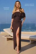 Angela - brązowa sukienka maxi z dekoltem w stylu hiszpańskim