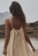 Bina - Boho beżowa sukienka maxi