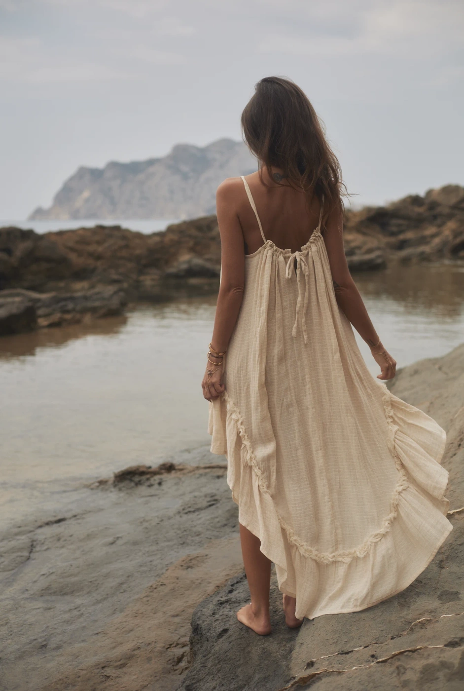 Bina - Boho beżowa sukienka maxi