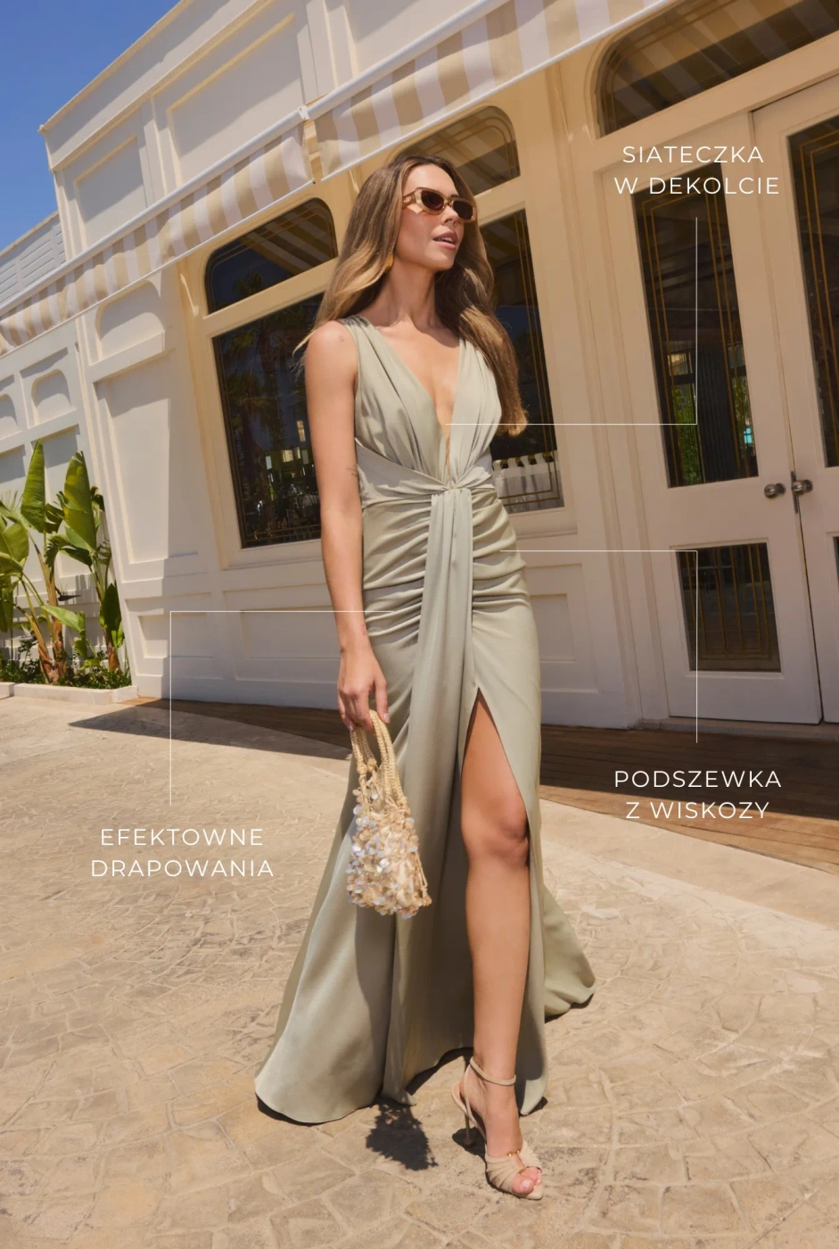 Blythia - sukienka maxi z drapowaniami w groszkowym odcieniu