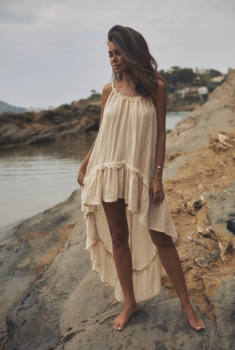 Bina - Boho beżowa sukienka maxi