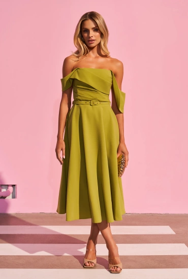 Suzi - Sukienka Midi z Gorsetową Górą i Ozdobnym Pasem