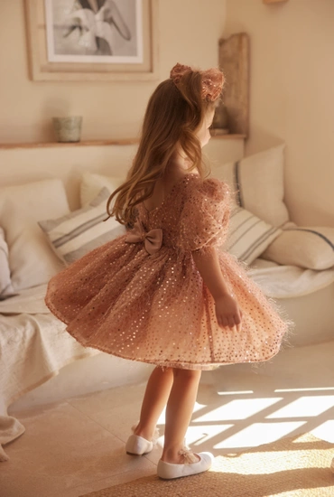 Kimi - Sukienka Dziecięca Mini z Bufkami i Ozdobną Kokardką