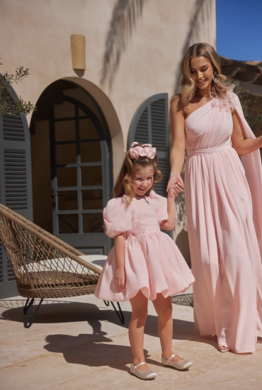 Nela - Sukienka Dziecięca z Bufkami i Bombkowym Dołem + Ozdobna Gumka do Włosów