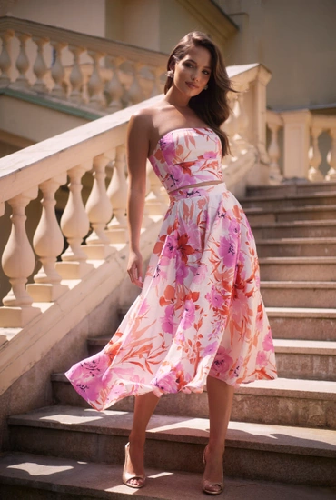 Donatella - Komplet spódnica + bralet z gorsetowym dekoltem w kwiatowy wzór