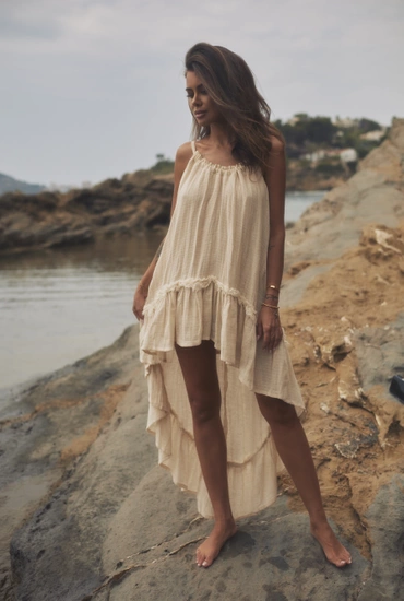 Bina - Boho beżowa sukienka maxi